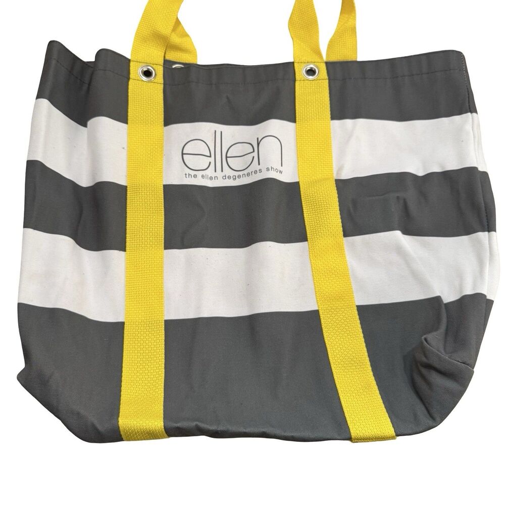 Ellen DeGeneres Tote Bag Canvas Cotton Yellow Gray White Striped